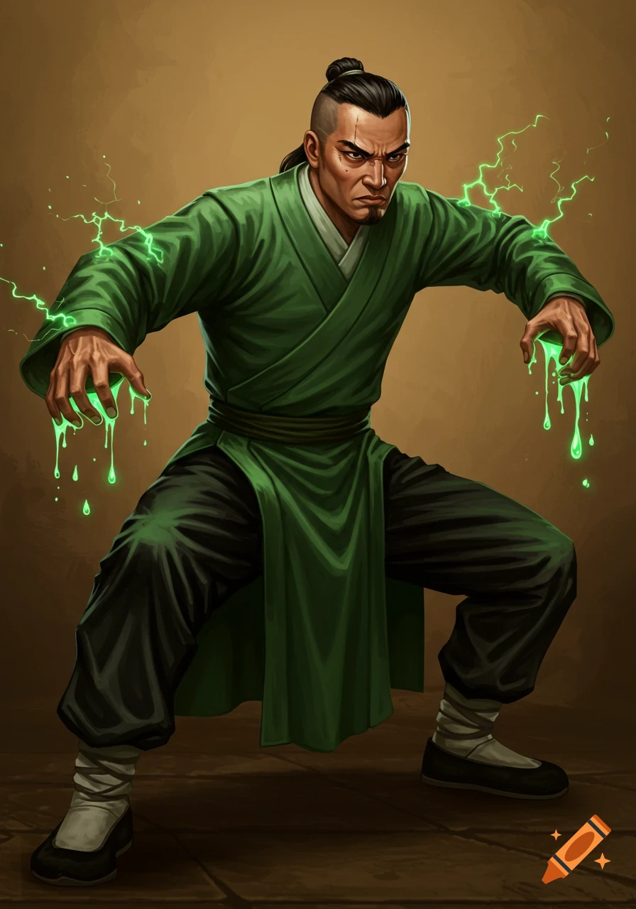 A scowling man with a topknot in a green robe and black pants, in a kung fu stance, with green liquid dripping from his hands.