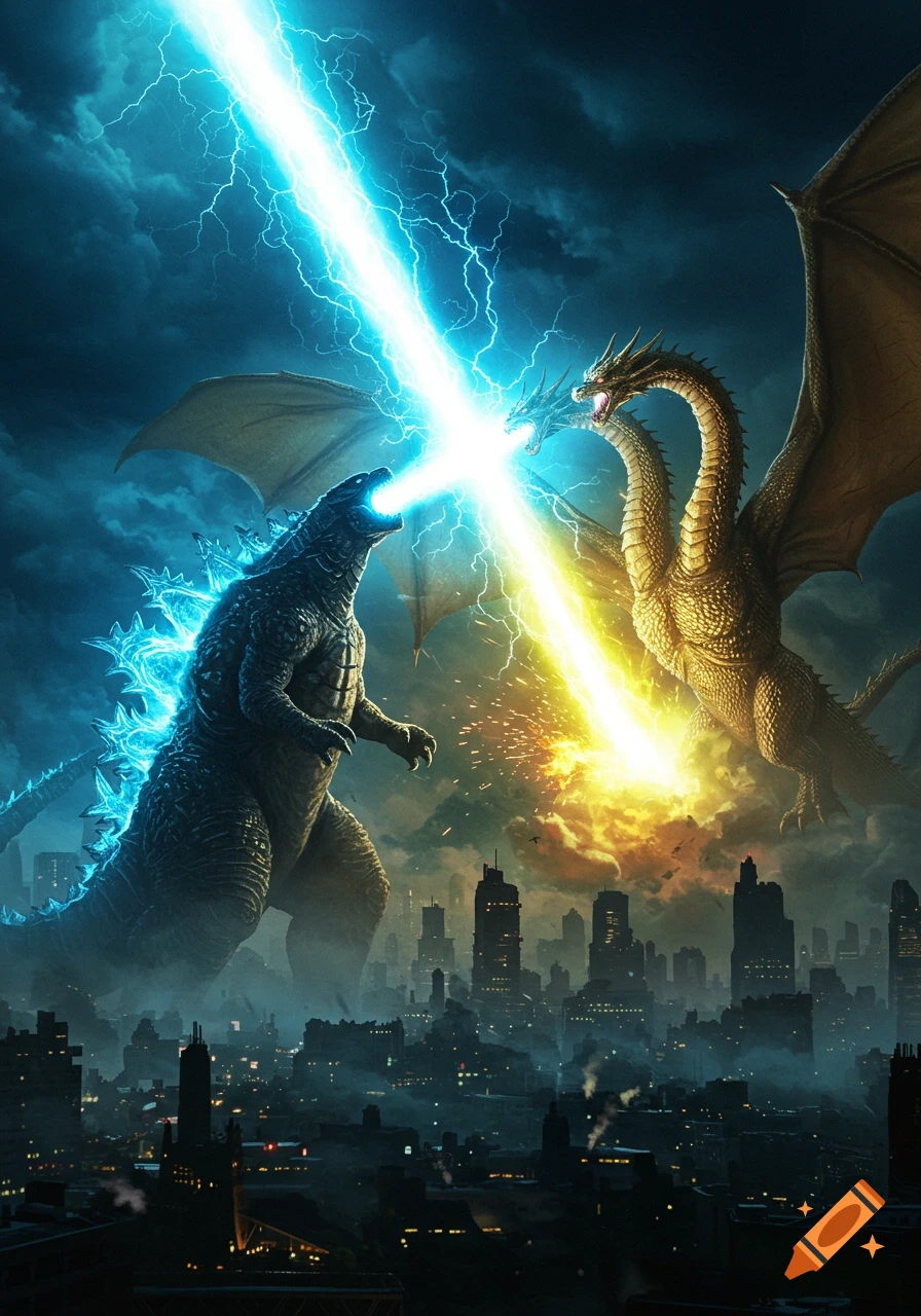 Godzilla and King Ghidorah blast beams at each other above a city during a stormy night, epic detailed illustration.