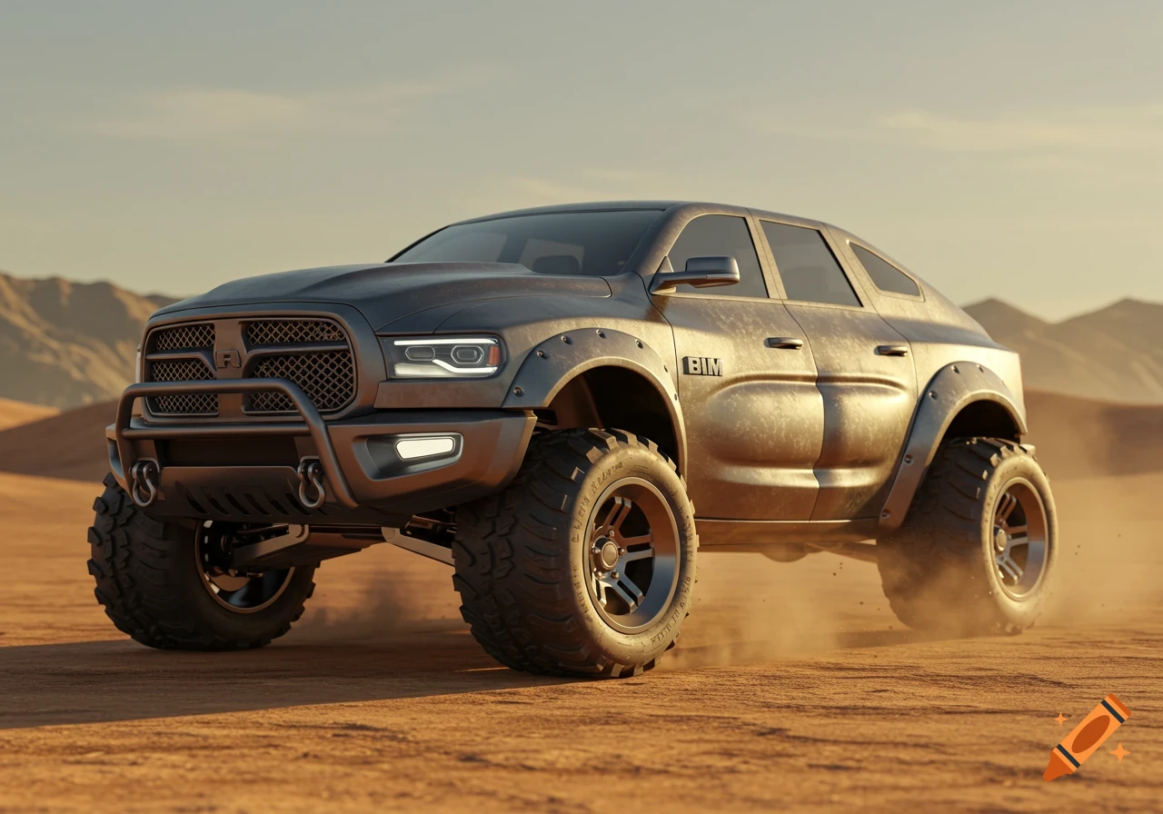 A dark gray, heavily customized off-road truck with large tires and a square front bumper drives through a dusty desert landscape.