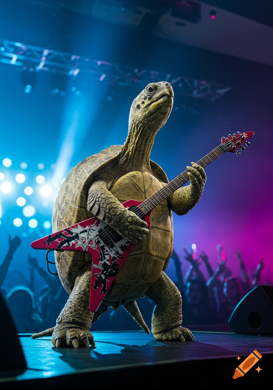 A photorealistic turtle playing a red electric guitar on stage at a heavy metal concert.