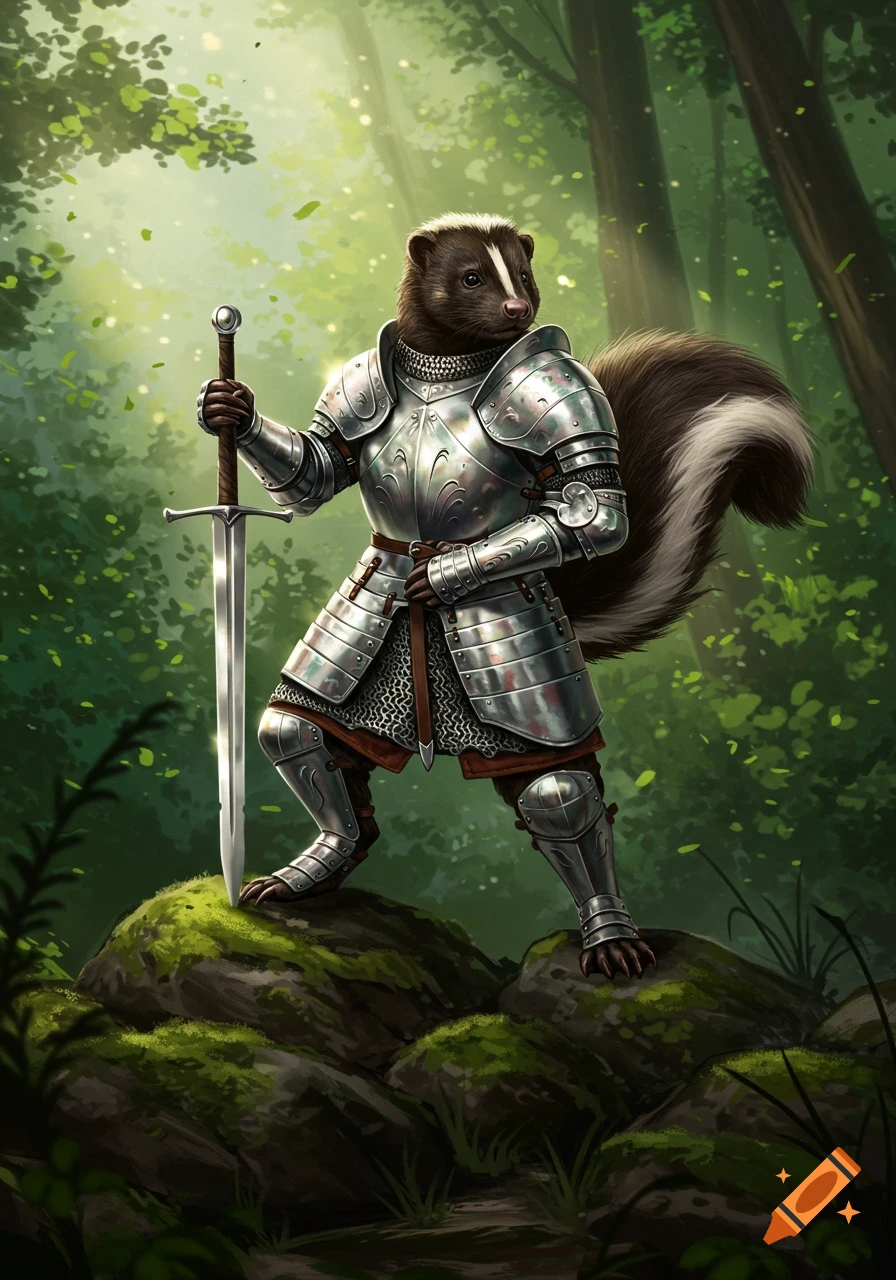 A skunk wearing silver medieval armor holds a long sword in a forest.