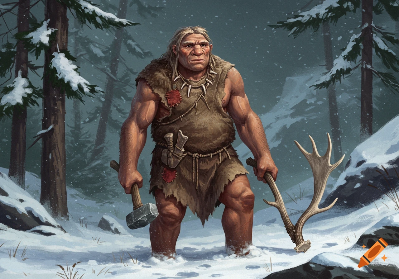 An illustration of a muscular Neanderthal man with long hair standing in a snowy forest, holding a stone hammer and an antler.