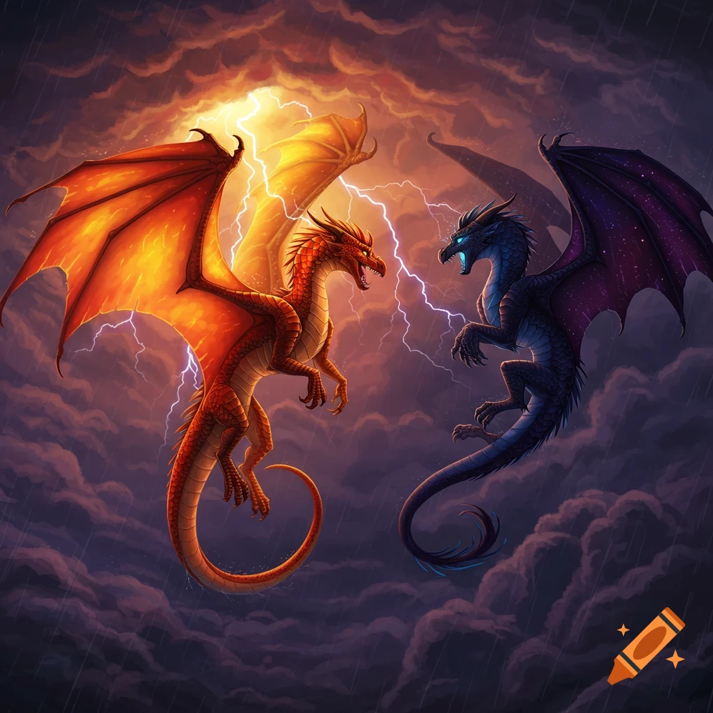 Two colorful dragons, one red and one blue, face each other in a stormy sky with lightning, in a fantasy art style.