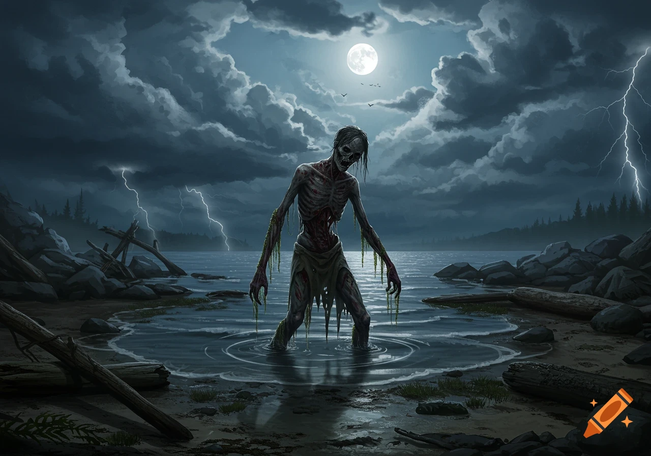 A skeletal zombie with decaying flesh and dangling moss emerges from a dark, stormy lake under a full moon with lightning in the sky.