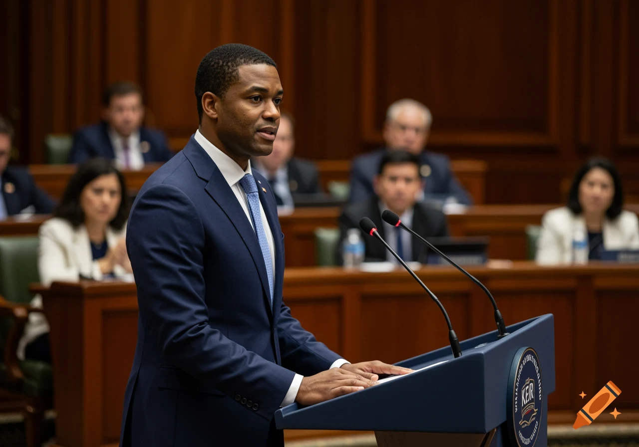 A Black man in a blue suit speaks at a podium with microphones in a formal setting, with blurred people in the background.