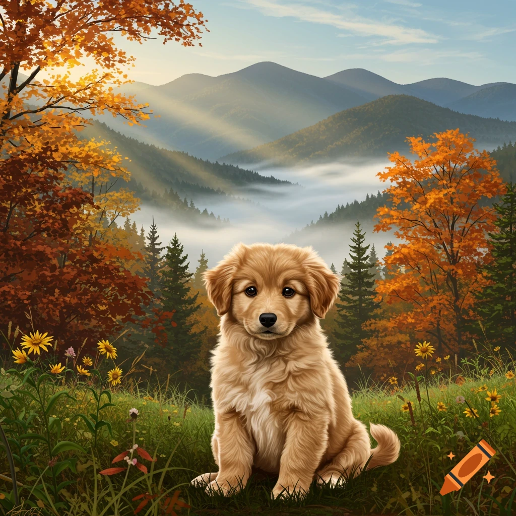 A cute golden retriever puppy sits in a meadow with autumn trees and misty mountains in the background.