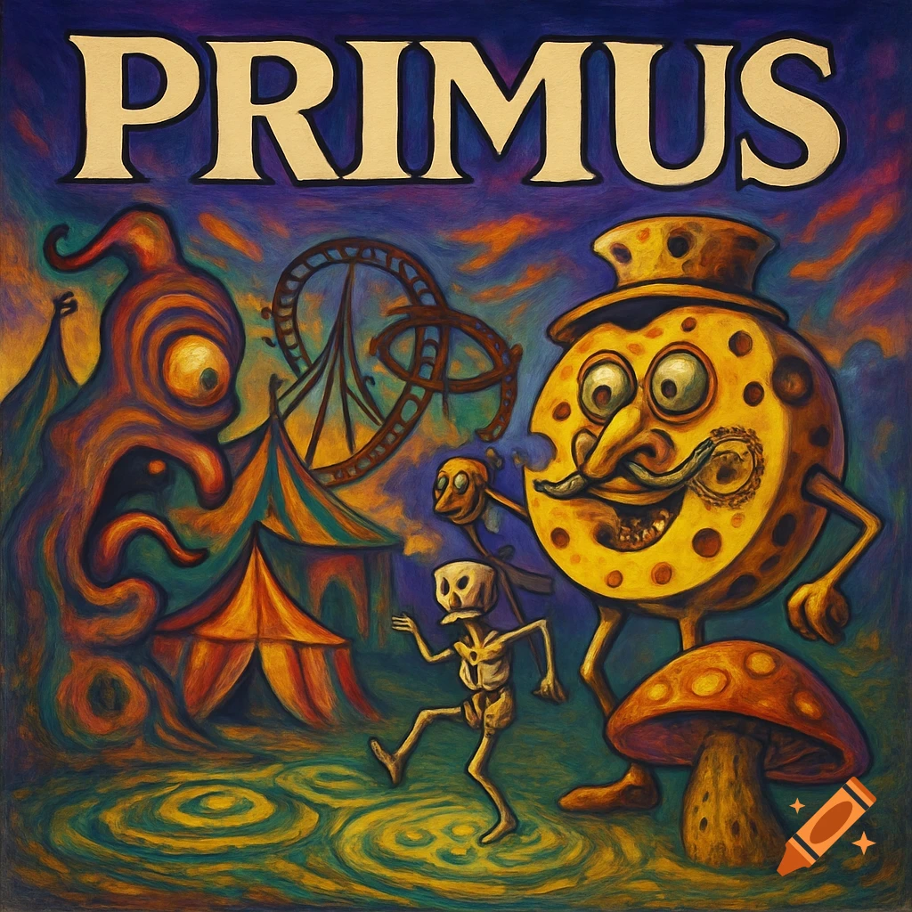 A surreal, colorful painting of a circus scene with a large cheese monster, a skeleton, and a wavy creature under the word 'PRIMUS'.