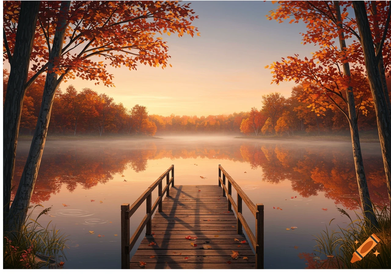 A tranquil autumn landscape with a wooden dock extending into a misty lake, surrounded by trees with vibrant orange and red leaves.