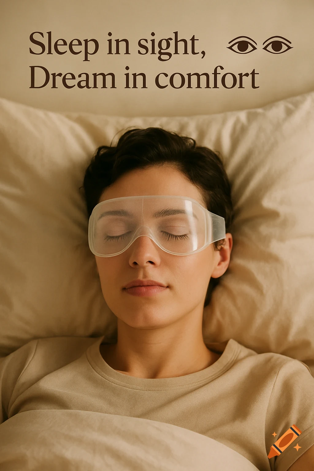 A person sleeping in bed, wearing a clear, translucent sleeping mask with closed eyes imprinted on it. Text says "Sleep in sight, Dream in comfort" with an eye logo.