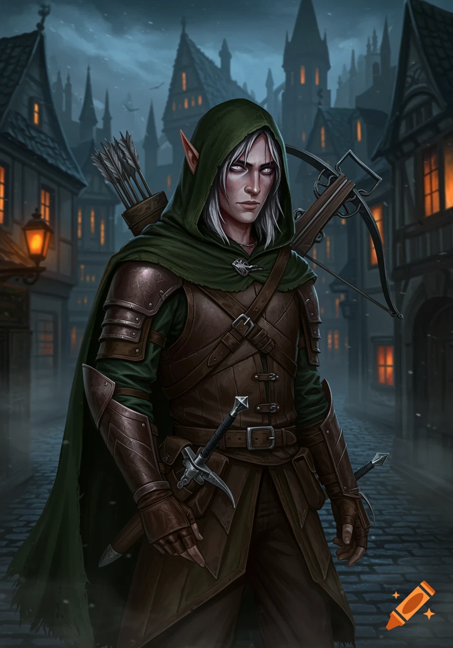 A male high elf rogue in brown leather armor and a green hooded cloak, with white hair, standing in a dark, misty gothic medieval town at night.