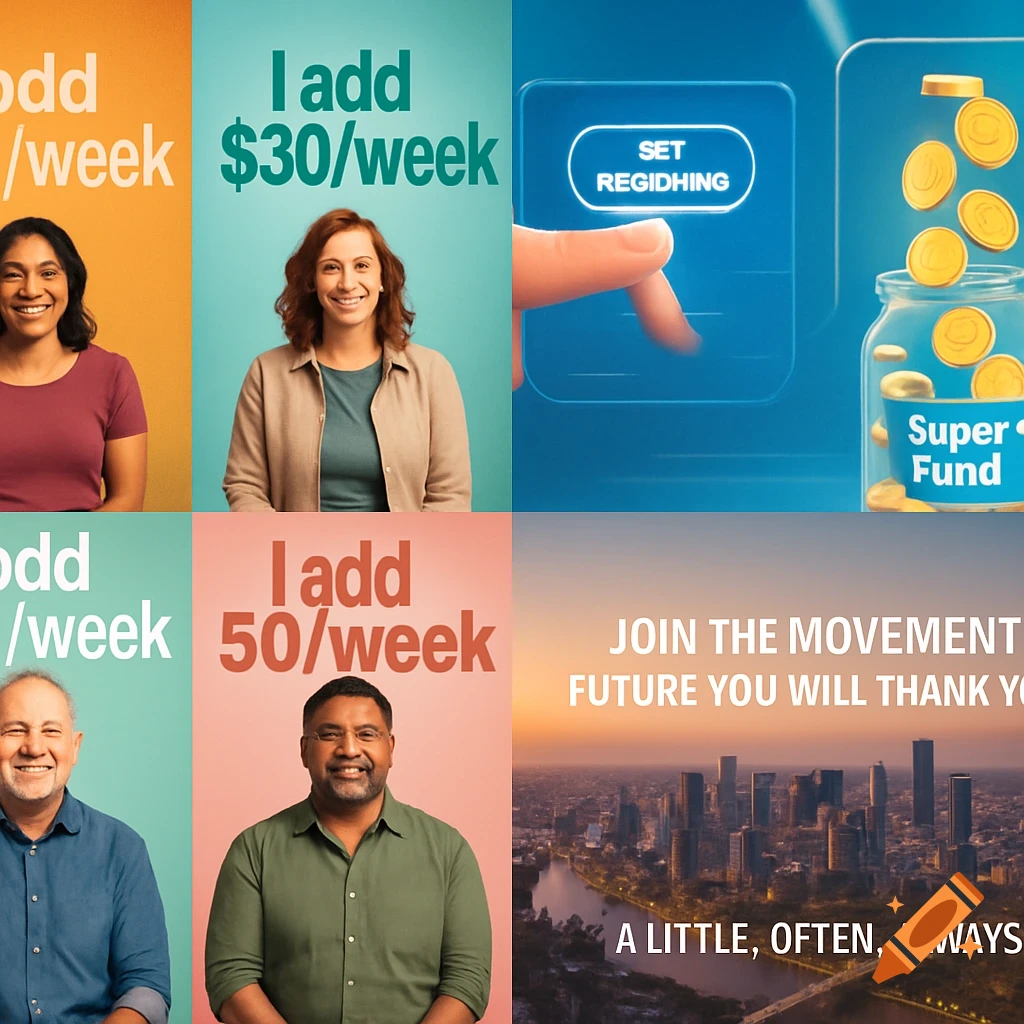 A six-panel collage with diverse people smiling, financial graphics showing money and 'Super Fund', and a cityscape at sunset with text about saving.