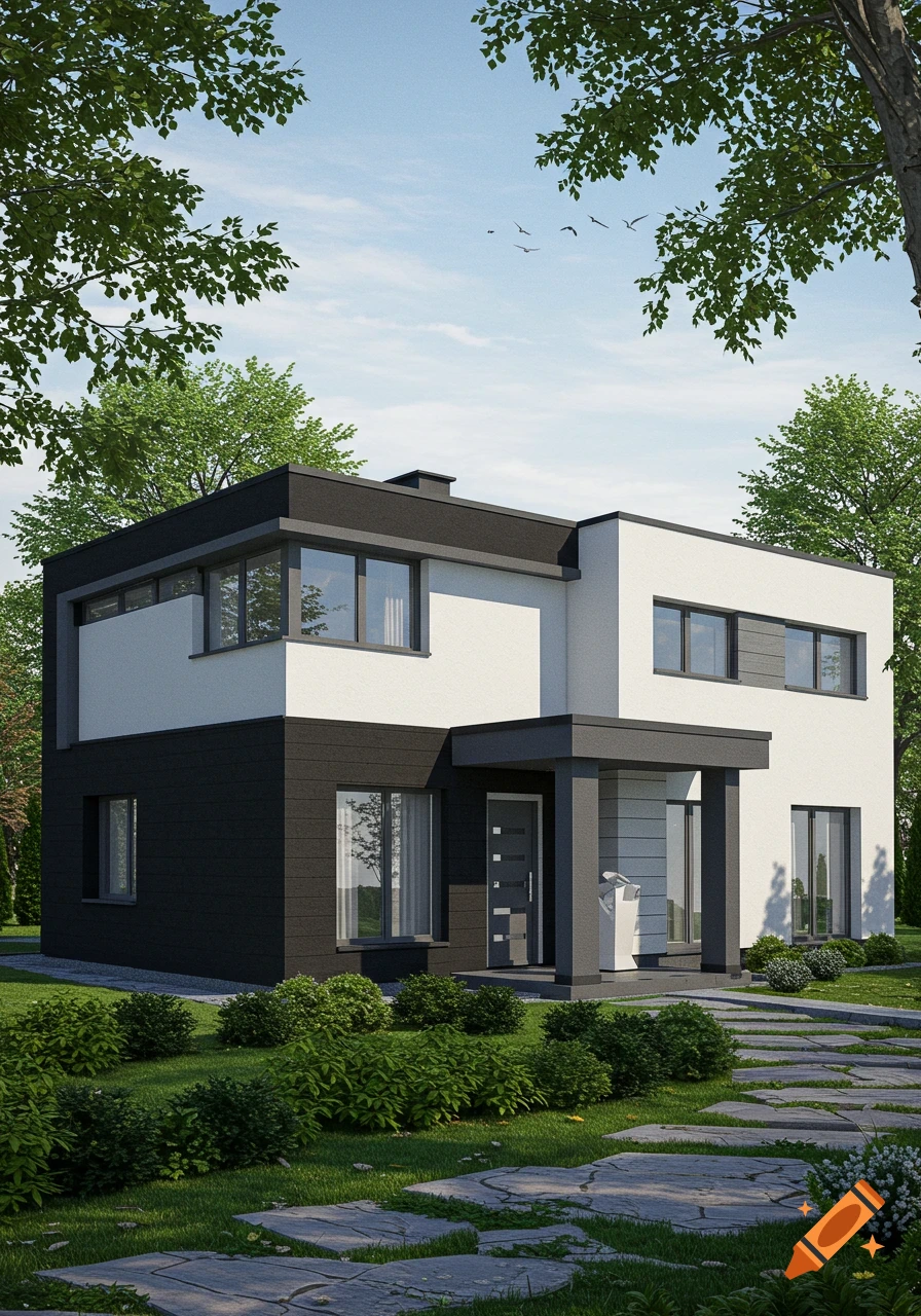 A modern two-story house with black and white exterior, surrounded by green grass and shrubs, with a stone path.