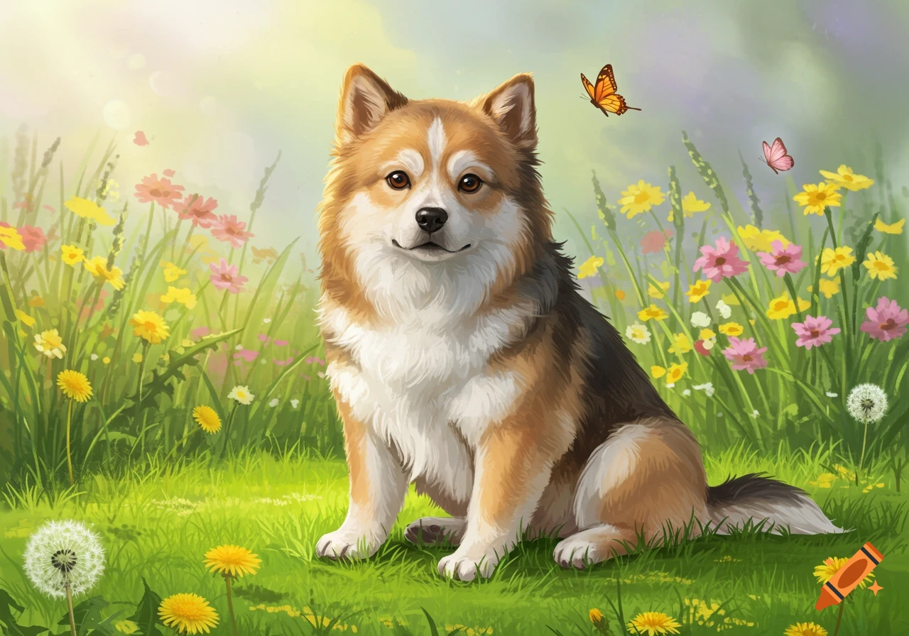 An illustration of a fluffy brown and white dog sitting among colorful flowers and butterflies in a sunny field.
