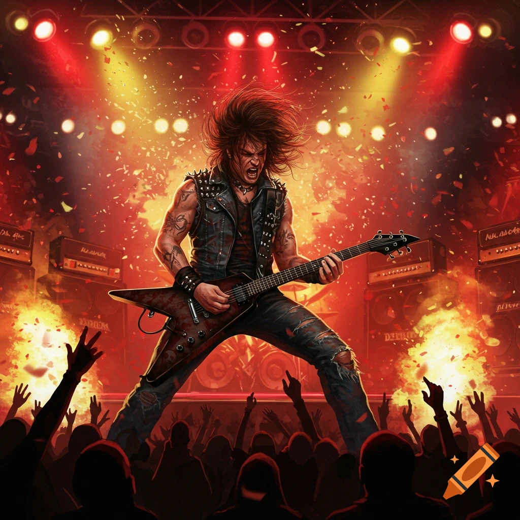 A male guitarist with long wild hair in a spiked vest plays an electric guitar on stage during a fiery heavy metal concert, with a crowd raising hands.