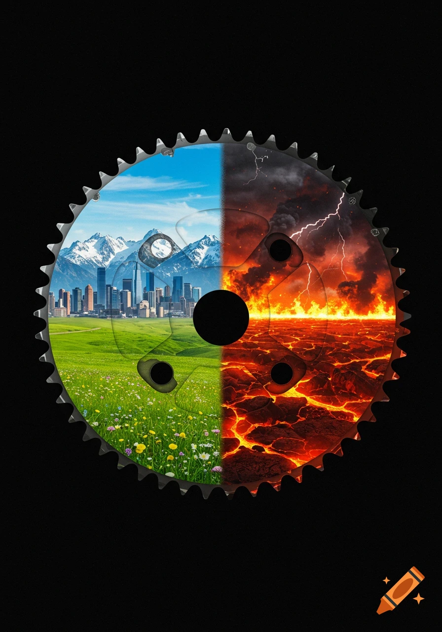 A bicycle chainring split down the middle, showing a vibrant green landscape with mountains and a city on one side and a fiery hellscape with lava and lightning on the other.