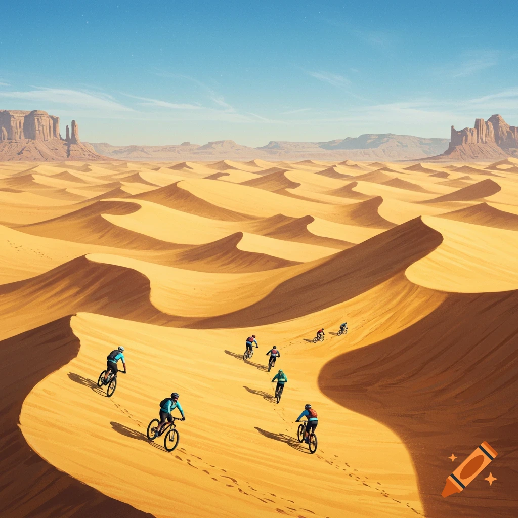 Stylized illustration of mountain bikers riding through winding sand dunes in a vast desert landscape with mesa formations.