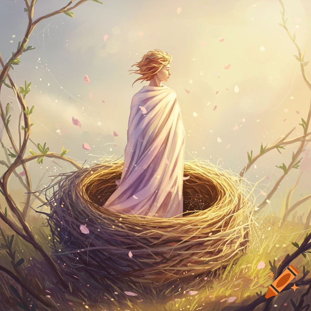 A young woman wrapped in white cloth stands in a large bird's nest surrounded by branches and falling pink petals, bathed in warm light, in a painterly style.