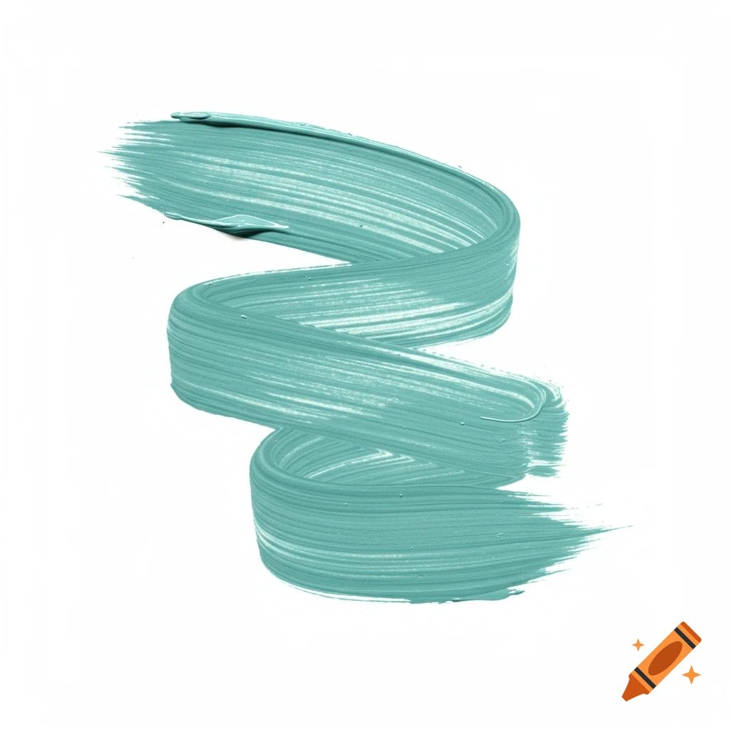 A light teal acrylic paint brushstroke curves on a blank white background.