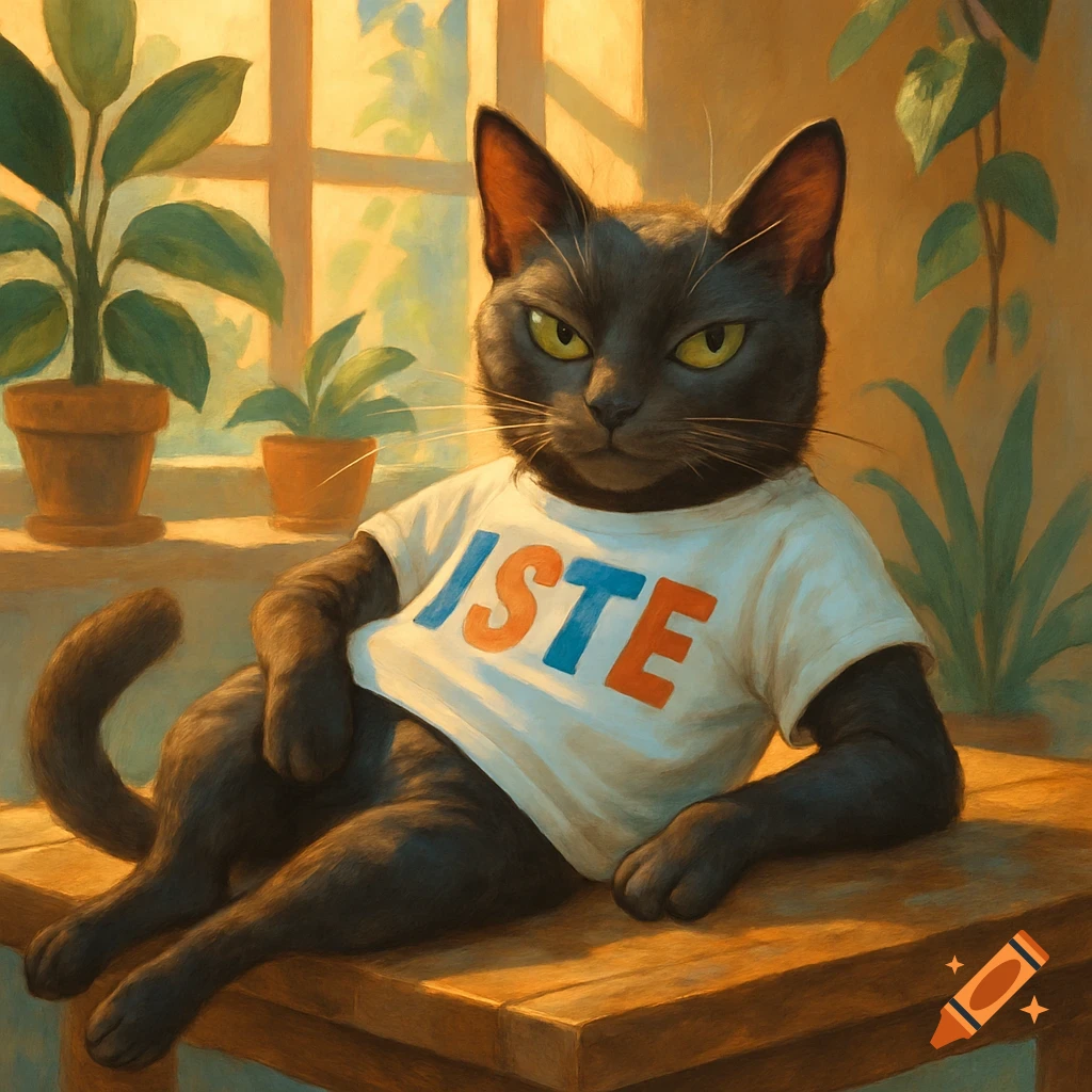 A black cat with yellow eyes relaxes on a wooden surface, wearing a white t-shirt with 'ISTE' in blue and orange letters. Potted plants and a sunlit window are in the background, in a painterly style.