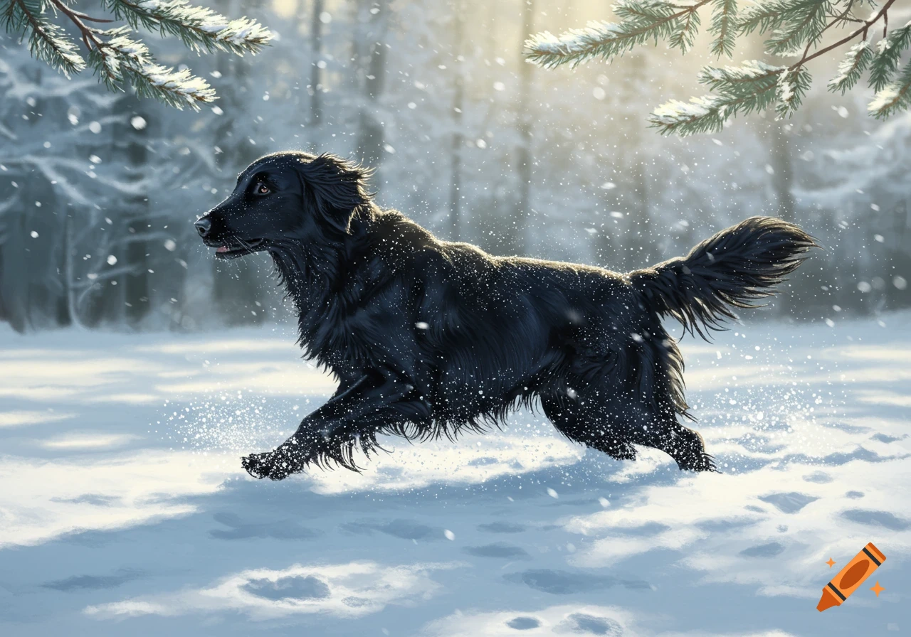 A black flat-coated retriever runs through deep snow in a snowy forest, with snow falling.