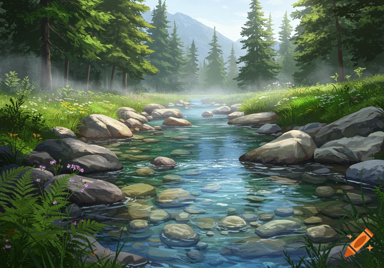 A serene mountain stream flows through a lush green forest with rocks and wildflowers under a clear sky.