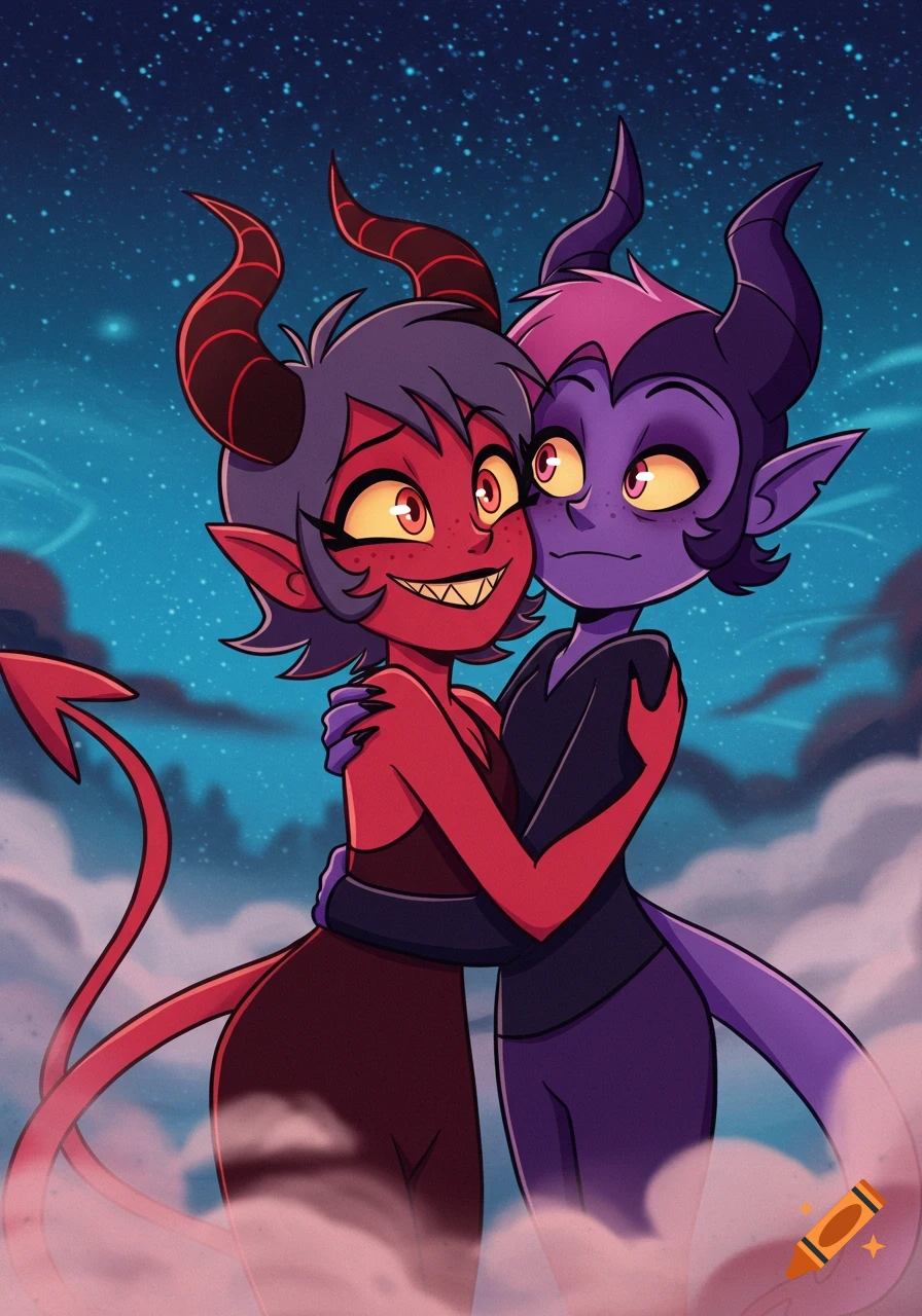 A stylized cartoon illustration of a red demon character and a purple demon character embracing under a starry night sky.