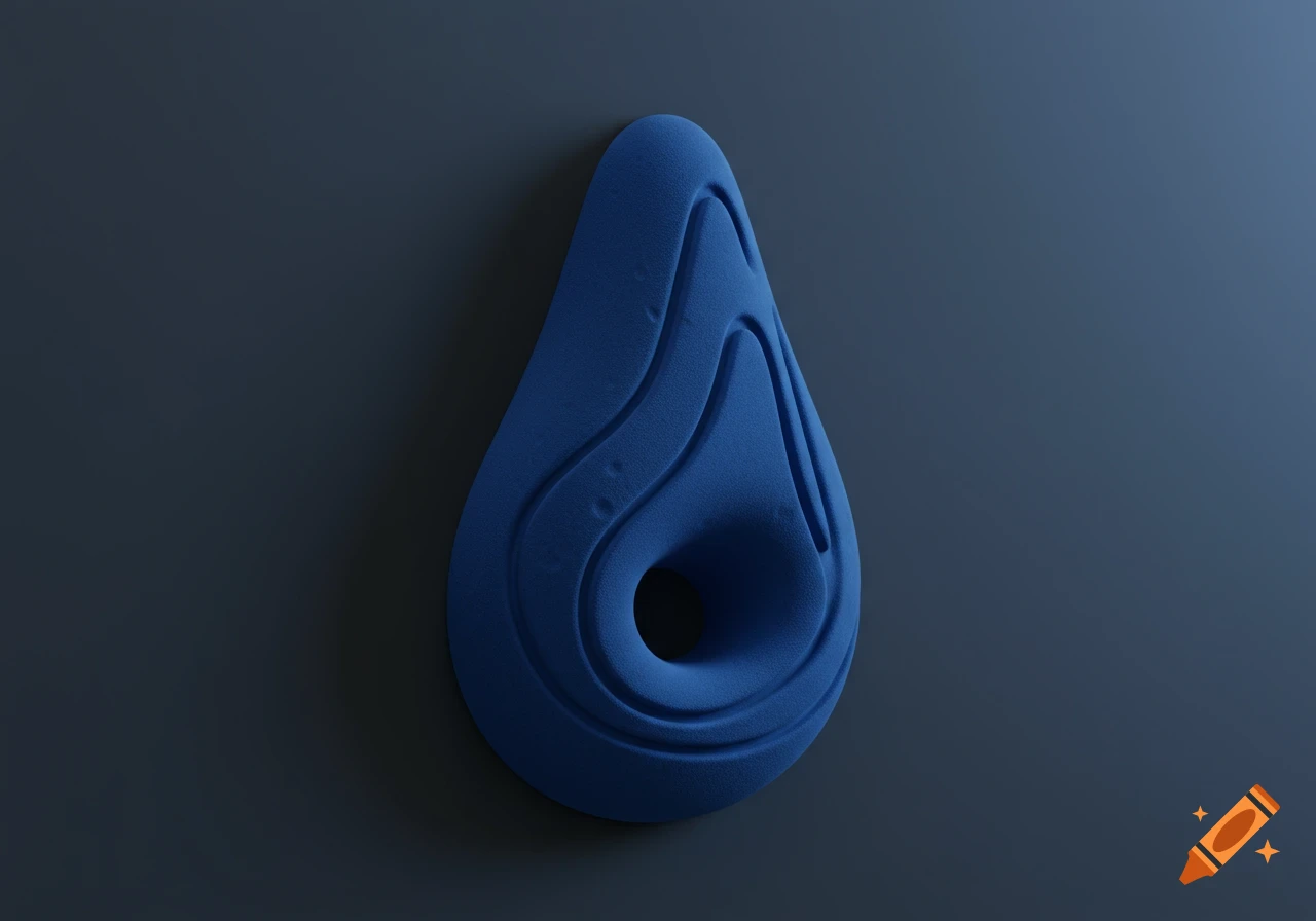 A dark blue, tear-drop shaped climbing hold with sculpted ridges and a central hole, against a dark blue background.