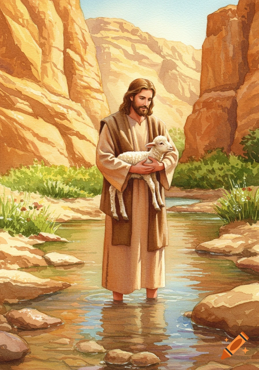 Watercolor painting of Jesus holding a lamb while standing in a shallow stream in a desert wadi.