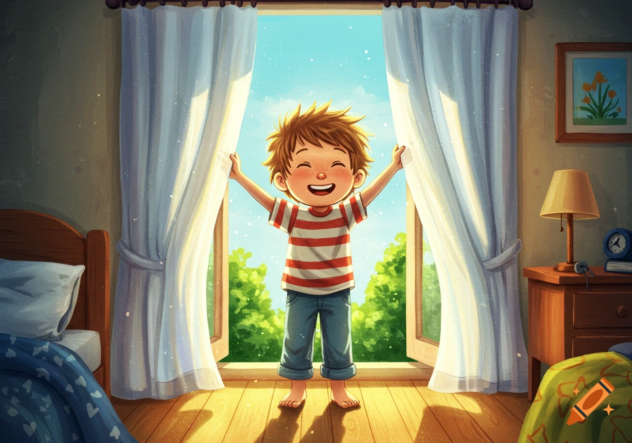 A cheerful, cartoony boy with messy hair opens curtains in a sunny bedroom, smiling broadly as bright light streams in from the window.