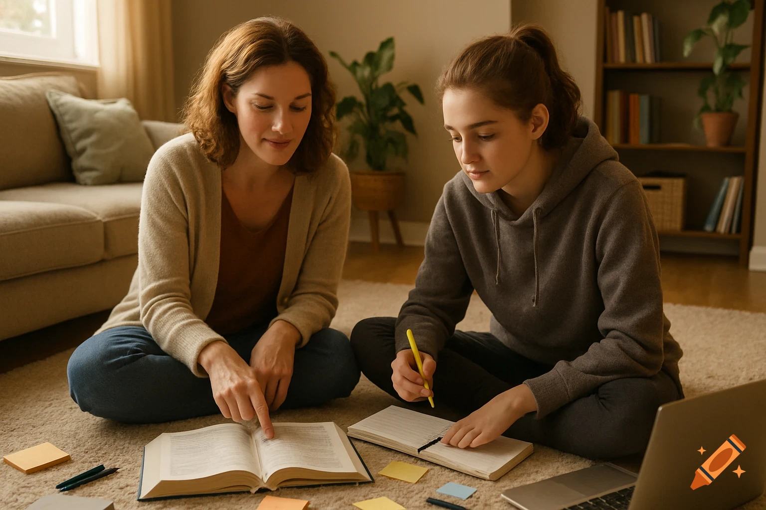 A mother and her teenage daughter sit cross-legged on the floor of a cozy living room, studying together with books and a laptop.