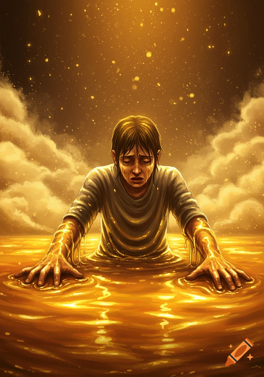 A person looking exhausted and struggling, wading through a thick, golden treacle-like substance, illuminated by golden light.