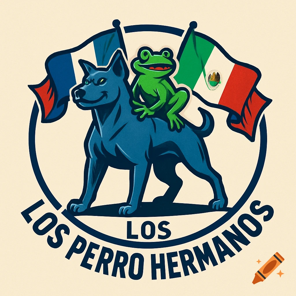 A logo featuring a blue dog, a green frog on its back, and crossed French and Mexican flags. Text reads 'LOS PERRO HERMANOS'.