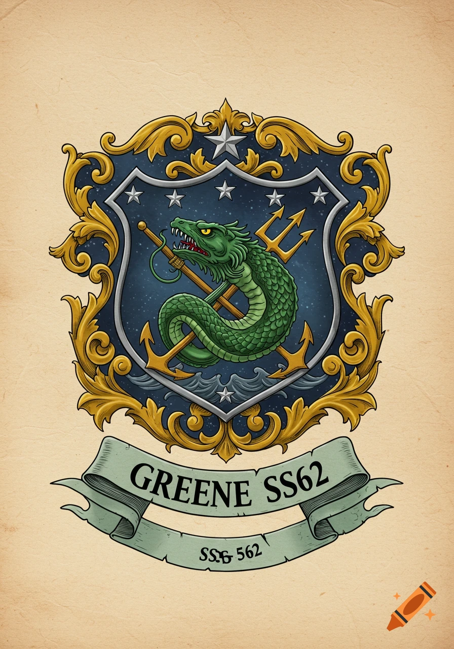 Naval heraldry emblem featuring a green sea serpent coiled around a trident and anchors on a blue shield, framed by gold ornate scrollwork. A banner reads "GREENE SS62" and "SSG 562".
