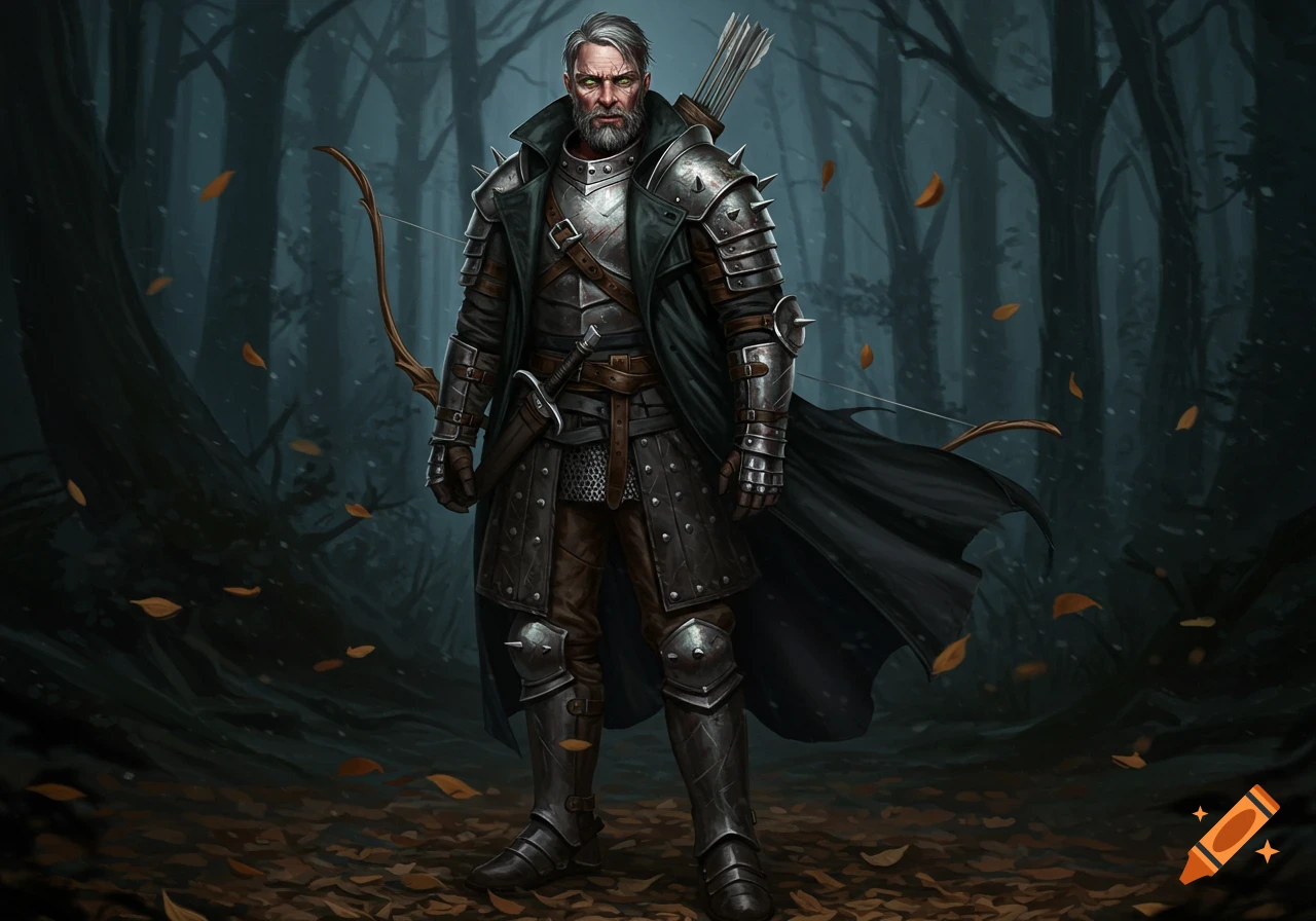 A middle-aged man with salt and pepper hair and a beard, wearing grey studded armor and a black trench coat, holding a bow, stands in a dark forest with fallen leaves.