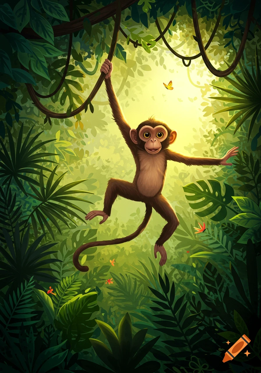 Cartoon monkey swinging on a vine in a vibrant jungle with sunlight filtering through the canopy.