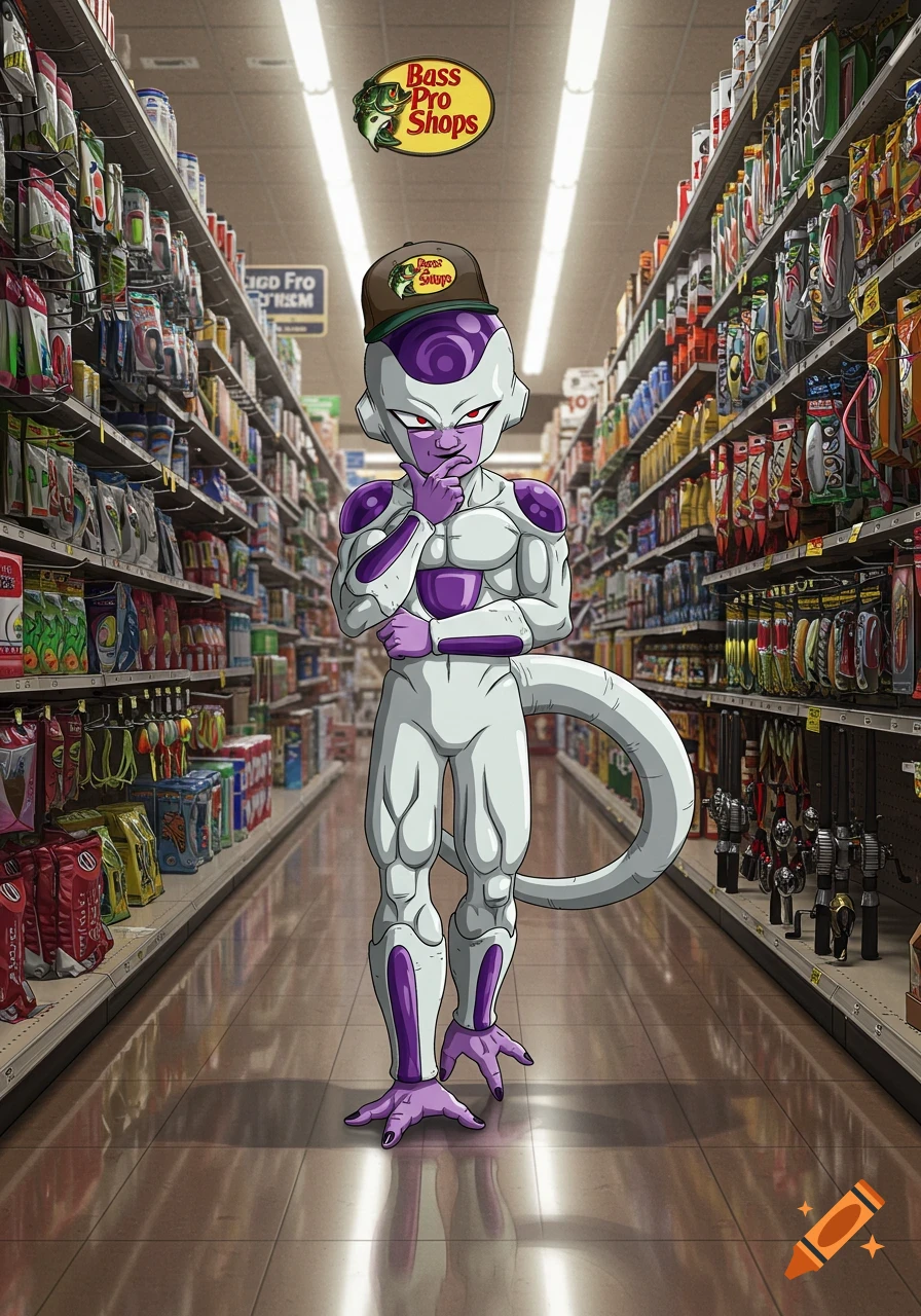 Frieza from Dragon Ball Z, in anime style, scratching his chin and wearing a Bass Pro Shops cap in a store aisle.