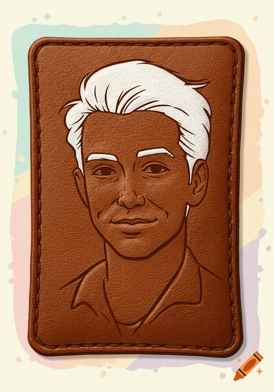 Cartoon illustration of a man's face with white hair embossed onto a rectangular piece of brown leather.