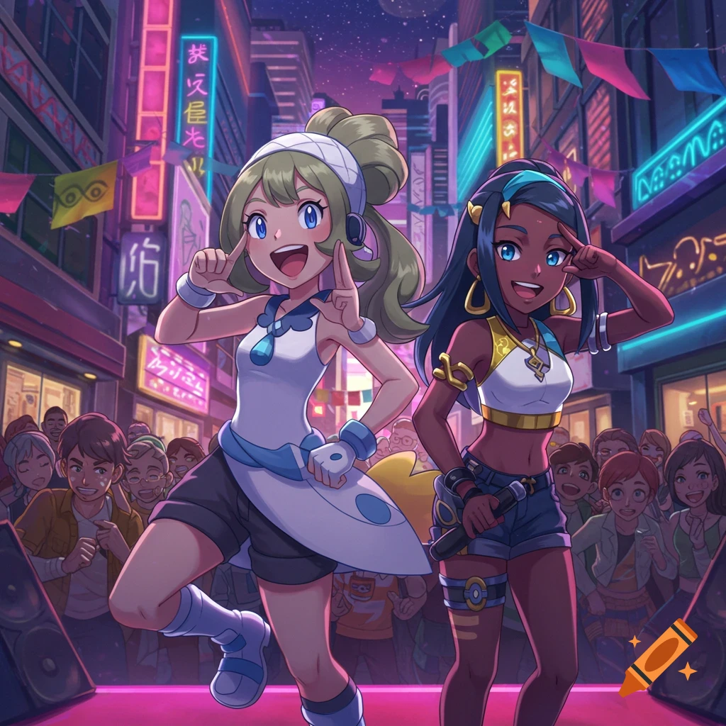 Two anime-style girls, Gloria and Nessa from Pokemon, perform for a crowd on a neon-lit city street at night.