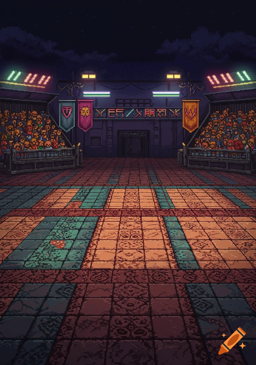 A dark pixel art fighting arena with spectator stands, glowing lights, banners, and a textured floor, in a 16-bit style.