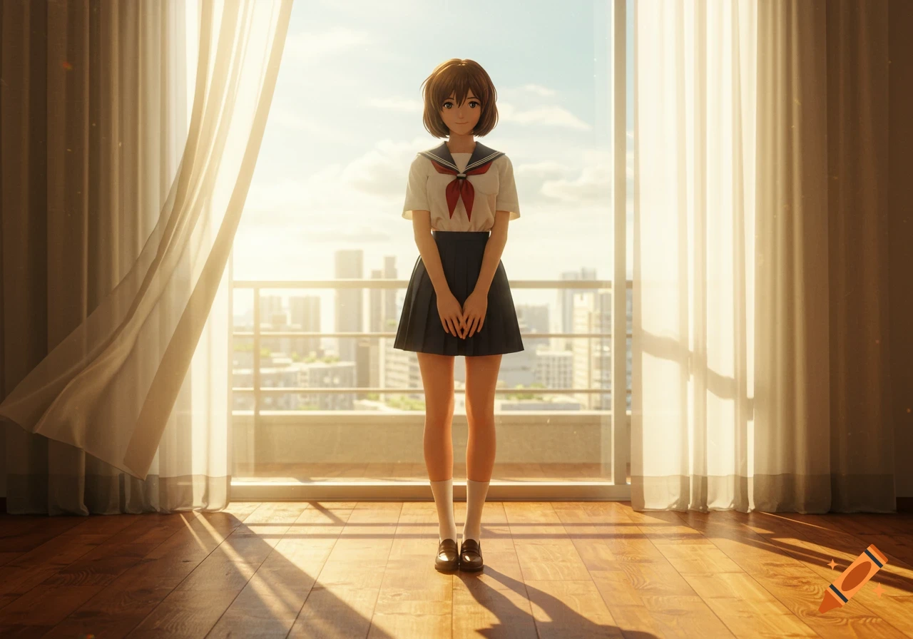 A photorealistic anime character, Hikari Horaki, stands in front of a large window with city buildings visible, bathed in sunlight.