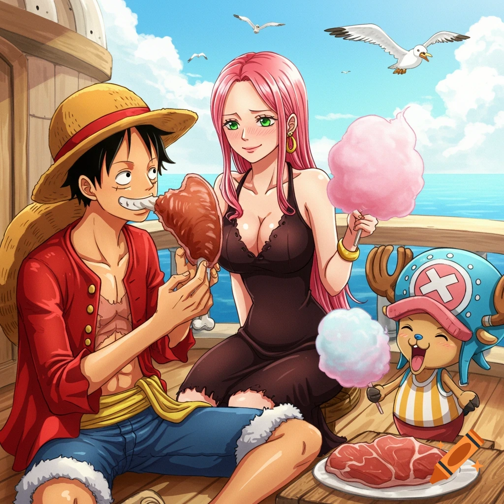 Monkey D. Luffy eats meat while a pink-haired woman holds cotton candy and Tony Tony Chopper eats cotton candy on a ship deck. Anime style.