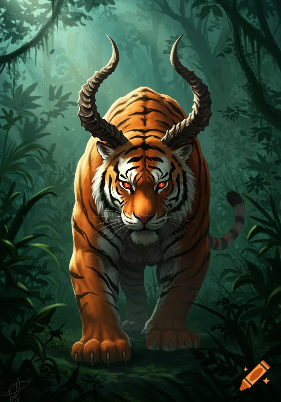 A horned tiger with glowing red eyes walks through a dense, dark jungle.