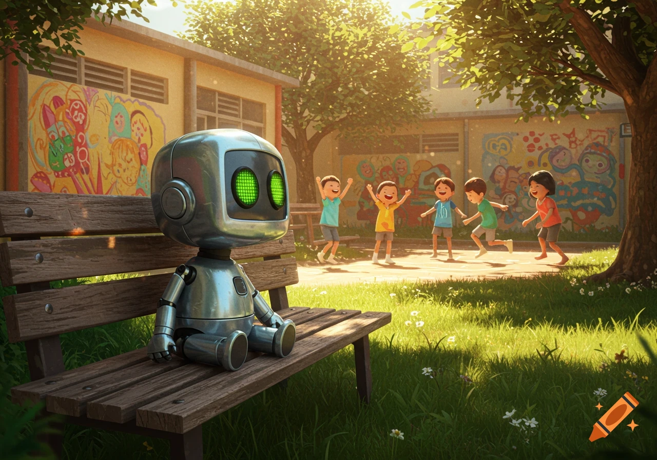 A cute metallic robot sits on a wooden bench in a sunny schoolyard, watching a group of children playing in the background next to a colorful mural.