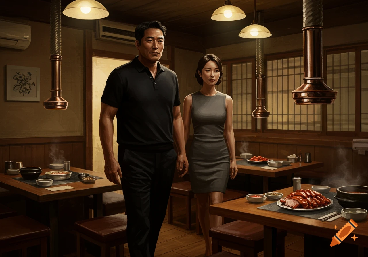 A middle-aged Korean man and woman walk through a dimly lit traditional Korean restaurant with wooden tables and food.