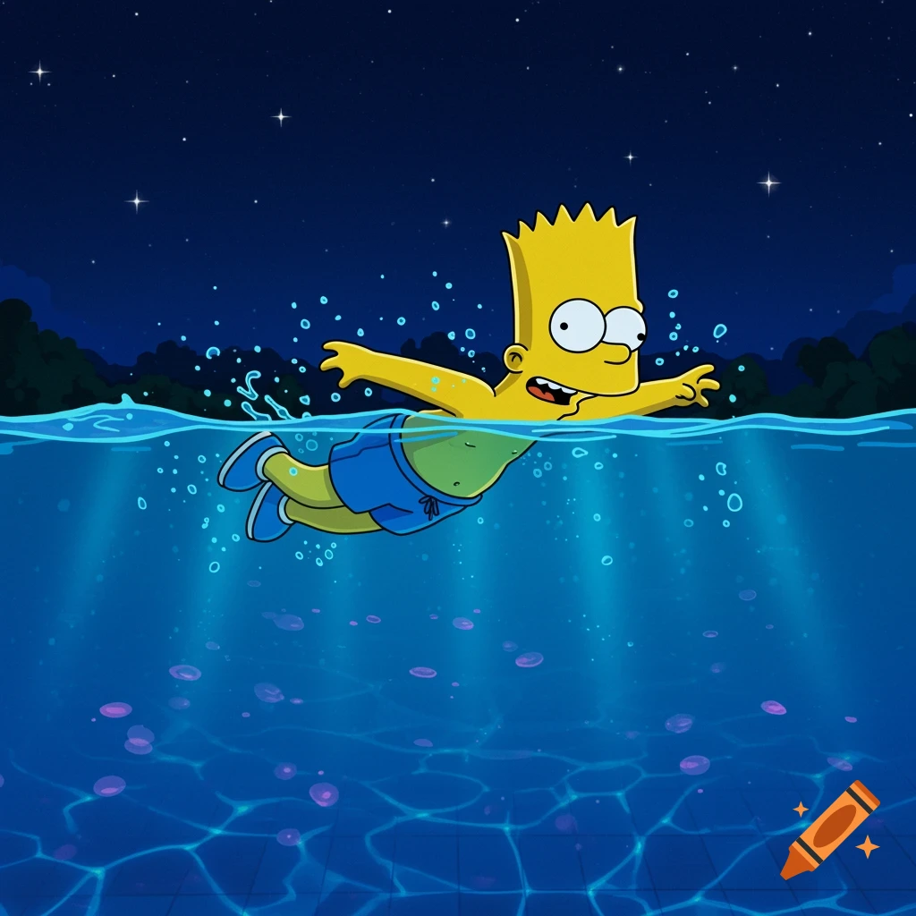 Bart Simpson swims underwater in a blue swimming pool at night, with stars in the dark sky above, in Simpsons cartoon style.
