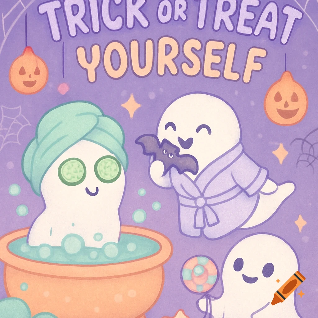 Cute illustration of ghosts celebrating Halloween with self-care and treats. One ghost is in a bubble bath, another eats a bat candy, and a third holds a lollipop, with 'Trick or Treat Yourself' text.