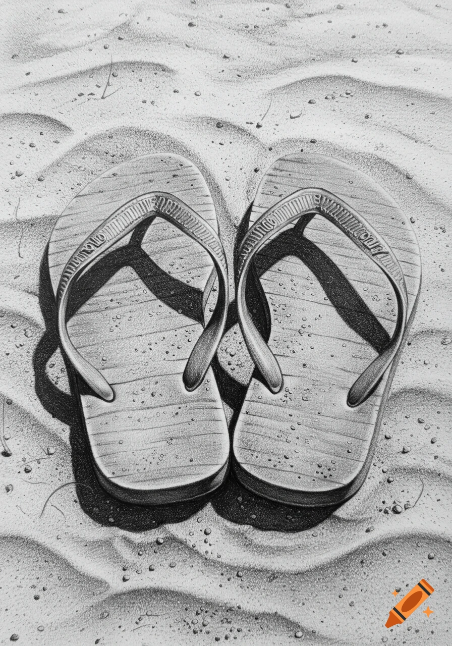 A black and white pencil drawing of a pair of flip-flops resting on wavy sand.