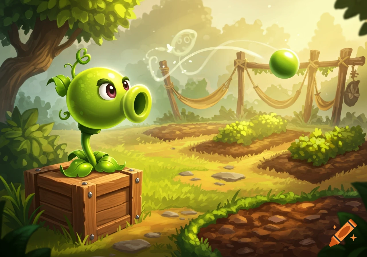 A cartoon green peashooter from Plants vs. Zombies sits on a wooden crate in a sunny garden, firing a green pea.