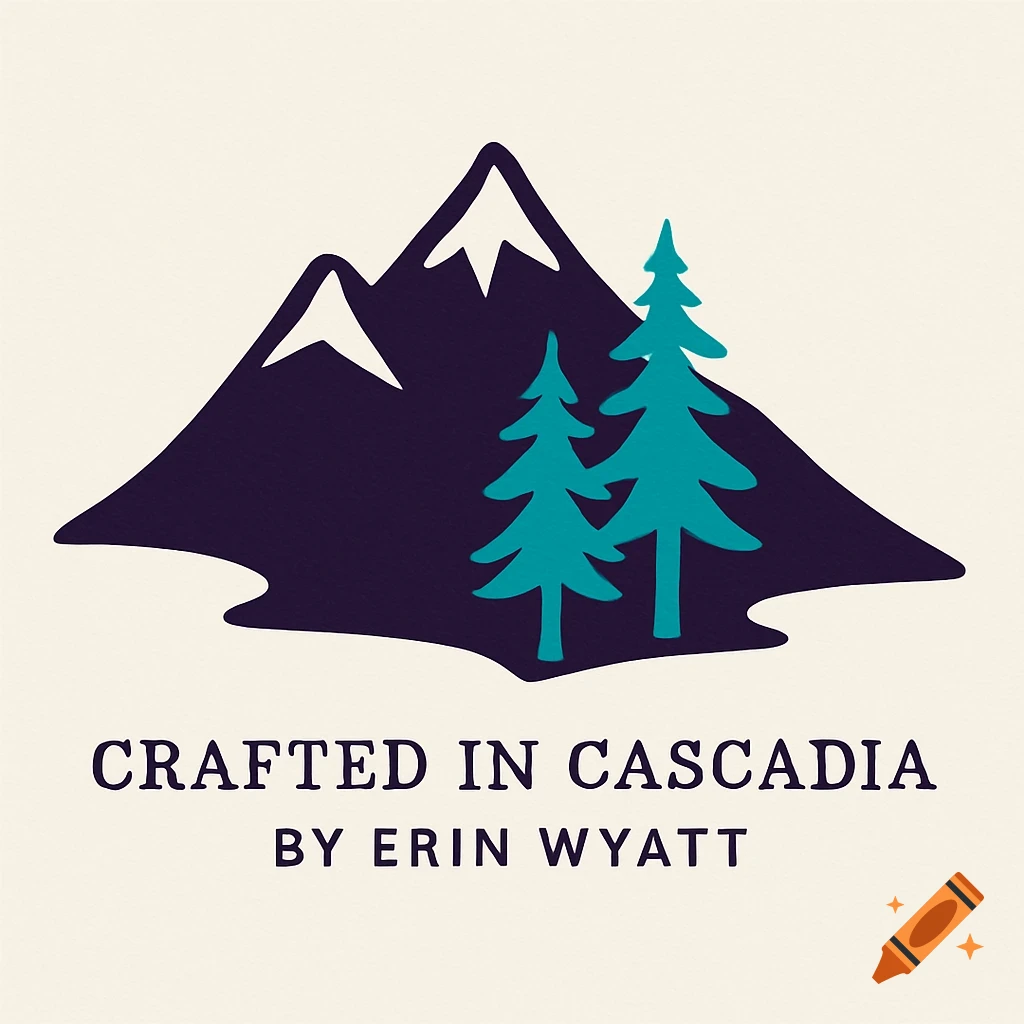 A minimalist logo with dark purple mountains and two electric turquoise evergreen trees, with text reading 'Crafted in Cascadia by Erin Wyatt'.