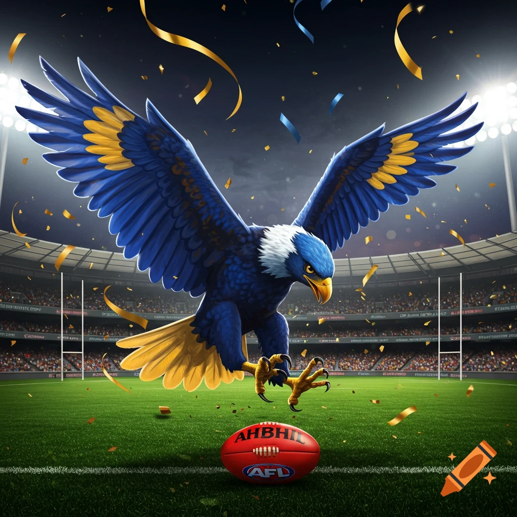 A vibrant blue and yellow eagle with wings spread, hovering over a red AFL football in a sports stadium with falling confetti.